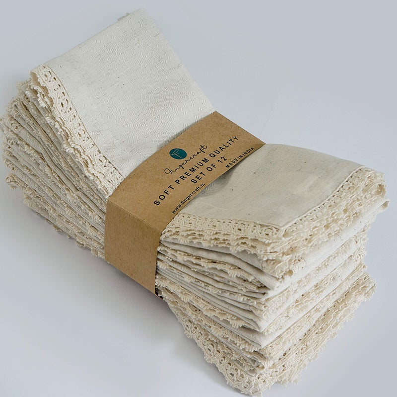 Fingercraft Dinner Cloth Napkin Cotton Linen 12 Pack Vintage Rustic Premium Quality Mitered Corners Napkin Cloth with Elegant Lace for Everyday Use, Pre Shrunk and Good Absorbency 20x20 in Ivory - Image 1